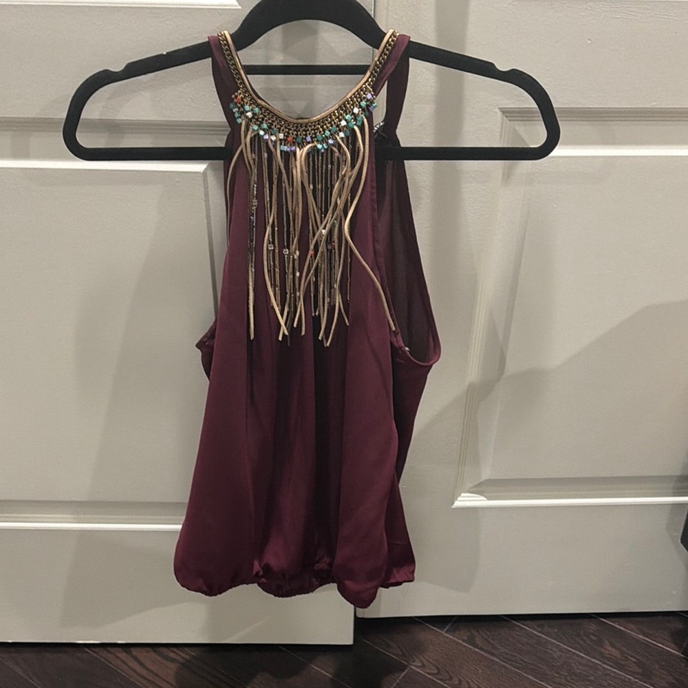 Beaded Fringe Halter Tank Top in Plum